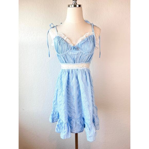 NWT Pink Coconut Blue Gingham Lace Mini Dress Coquette Cottagecore size M - Picture 2 of 12